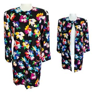 Rickie Freeman For Teri Jon Black Floral 100% Linen Jacket Coat Womens Size 8